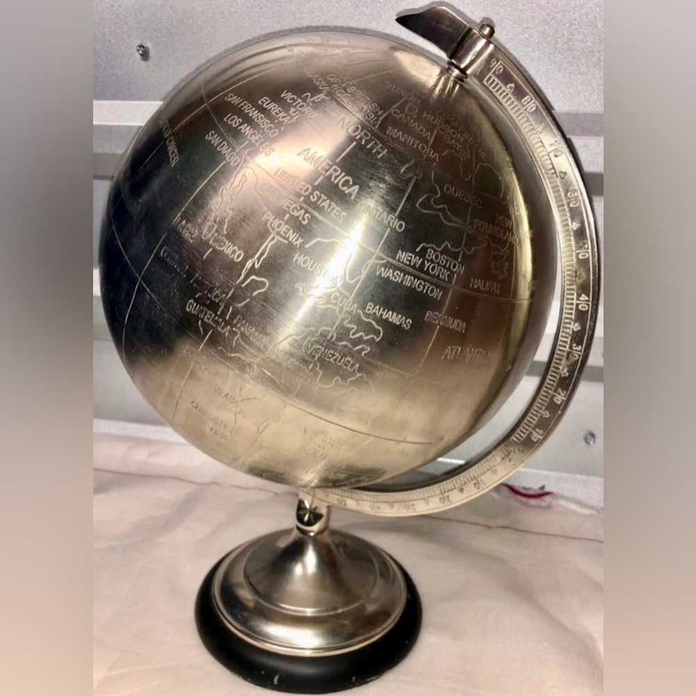 Silver Metallic Globe Stand Home Goods Accents Decor Office Engraved Travel Map